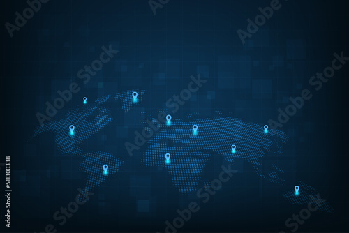 Vector abstract blue world map background.Concept of GPS pin.