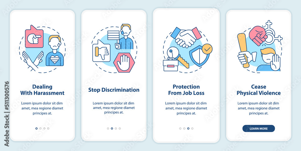 Dealing with lgbt issues onboarding mobile app screen. Walkthrough 4 steps editable graphic instructions with linear concepts. UI, UX, GUI template. Myriad Pro-Bold, Regular fonts used