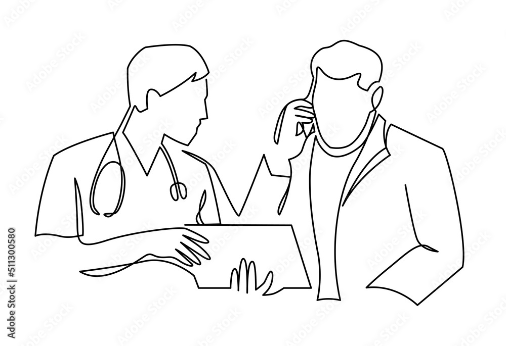 Minimalist male medical workers. A young resident and the chief physician discuss the diagnosis. Doctor with stethoscope in standing position continuous one line vector illustration