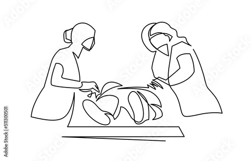 Female doctors and residents provide emergency medical care to the patient continuous one line vector illustration. Ambulance outline art