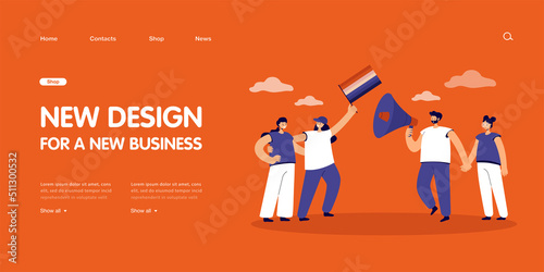 Homosexual couple with rainbow flag and heterosexual family with loudspeaker. Activists claiming rights flat vector illustration. Demonstration concept for banner, website design or landing web page