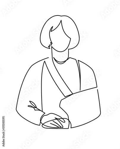 Continuous one line drawing of woman with broken arm wearing arm splint isolated on white background vector illustration.
