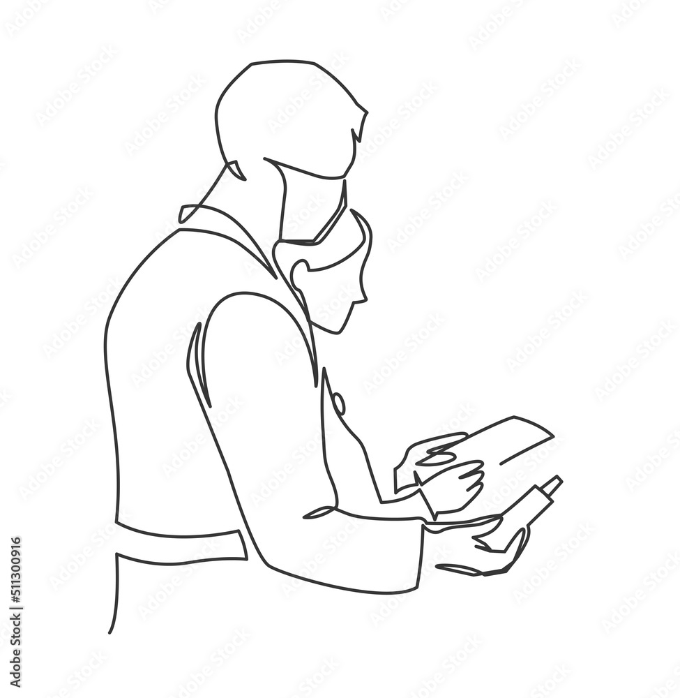 Medical workers male and female give medicine and a prescription to a patient continuous line vector illustration. Medical workers male and female give medicine and a prescription to a patient continuous line vector illustration.