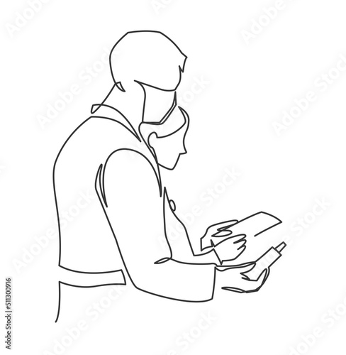 Medical workers male and female give medicine and a prescription to a patient continuous line vector illustration.