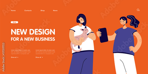 Cartoon girl taking photo of friend holding cute cat. Female character with kitten posing for camera flat vector illustration. Pets, social media concept for banner, website design or landing web page