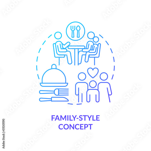 Family-style restaurant blue gradient concept icon. Dining experience abstract idea thin line illustration. Large meal portions. Table service. Isolated outline drawing. Myriad Pro-Bold font used