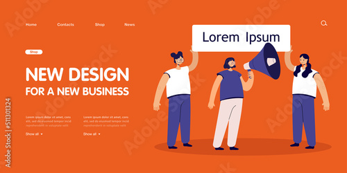 Female characters holding placard and woman with megaphone in hand. People claiming womens rights flat vector illustration. Demonstration concept for banner, website design or landing web page