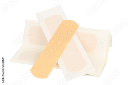 Adhesive bandage on white background, first aid.