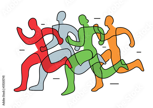 Running race, jogging,  line art stylized.
Illustration of group of running racers. Continuous line drawing design. Isolated on white background. Vector available.