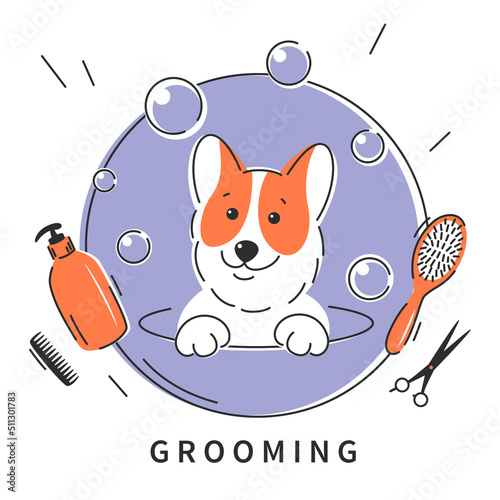 Dog pet grooming. Animal hair grooming salon logo, haircuts, bathing. Cartoon Corgi dog taking a bath full of soapy suds.Vector illustration