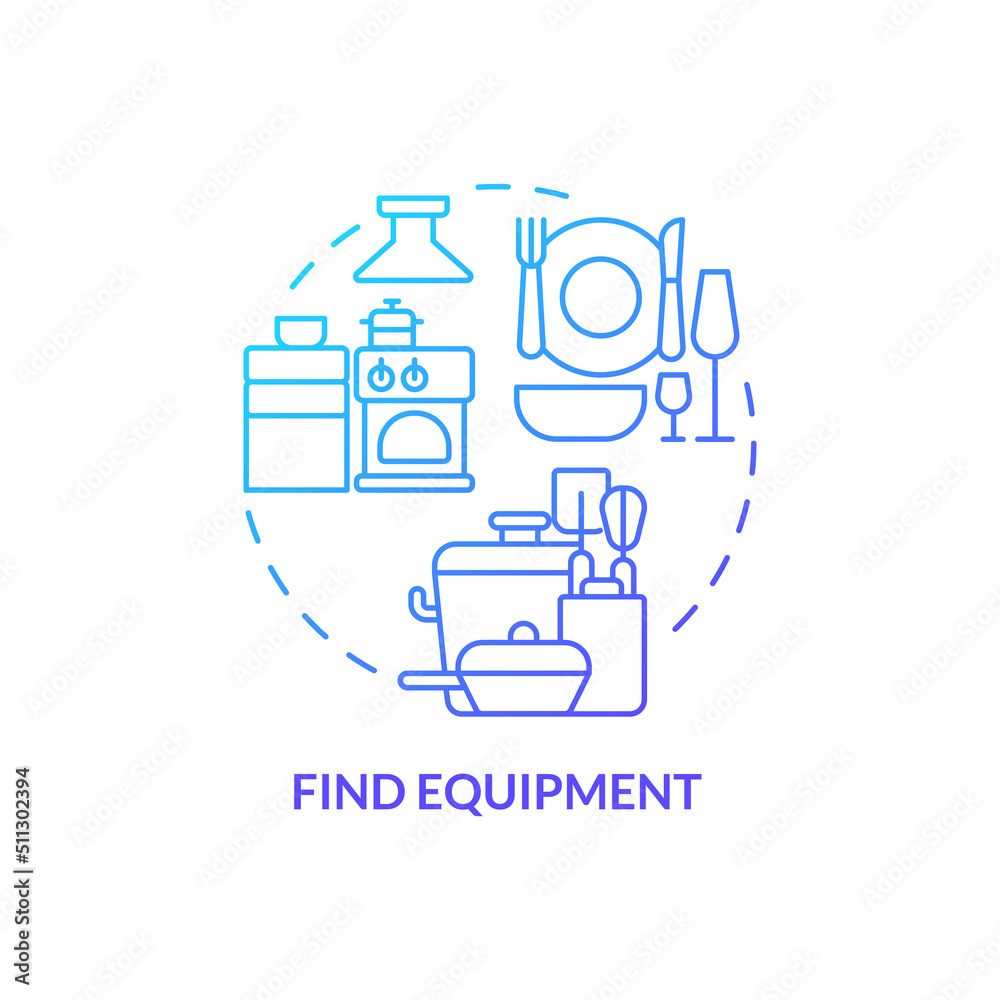 Find equipment blue gradient concept icon. Starting restaurant abstract idea thin line illustration. Buy kitchen appliances, supplies. Isolated outline drawing. Myriad Pro-Bold font used Find equipment blue gradient concept icon. Starting restaurant abstract idea thin line illustration. Buy kitchen appliances, supplies. Isolated outline drawing. Myriad Pro-Bold font used