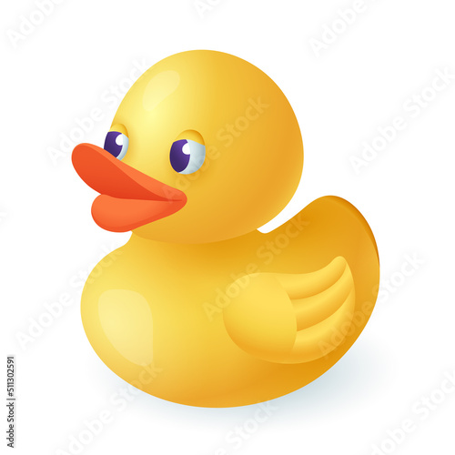 3d cartoon style yellow rubber duck icon on white background. Realistic colorful bath toy for kids flat vector illustration. Recreation, entertainment, swimming, hygiene concept