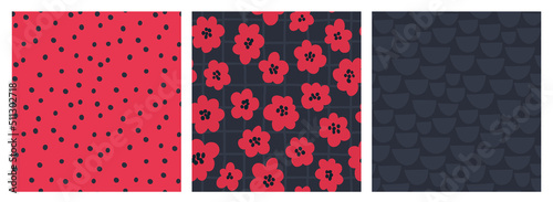 Vector poppy flower pattern set. Red poppy flowers on checkered background, black polka dot on red, gray semicircle on dark gray color. Cute cartoon doodle pattern collection.