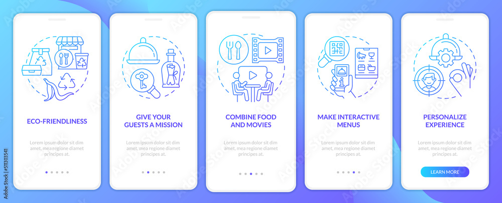 Ways of making restaurant trendy blue gradient onboarding mobile app screen. Walkthrough 5 steps graphic instructions with linear concepts. UI, UX, GUI template. Myriad Pro-Bold, Regular fonts used