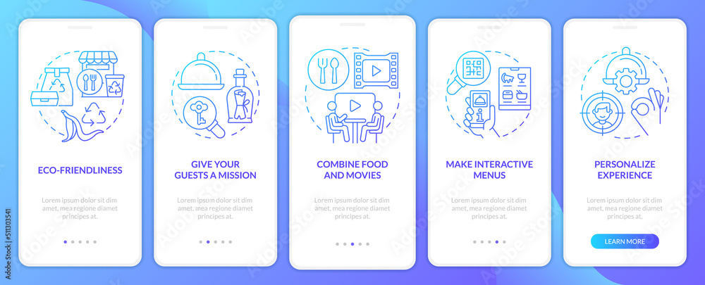 Ways of making restaurant trendy blue gradient onboarding mobile app screen. Walkthrough 5 steps graphic instructions with linear concepts. UI, UX, GUI template. Myriad Pro-Bold, Regular fonts used Ways of making restaurant trendy blue gradient onboarding mobile app screen. Walkthrough 5 steps graphic instructions with linear concepts. UI, UX, GUI template. Myriad Pro-Bold, Regular fonts used