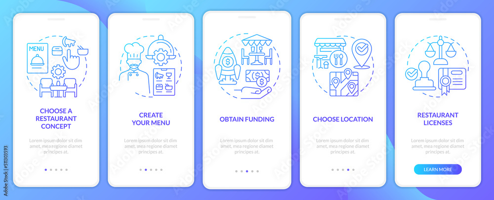 Start restaurant journey blue gradient onboarding mobile app screen. Walkthrough 5 steps graphic instructions with linear concepts. UI, UX, GUI template. Myriad Pro-Bold, Regular fonts used