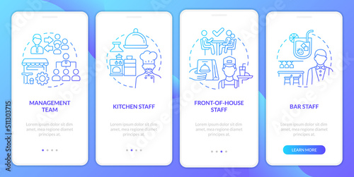 Key positions in restaurant blue gradient onboarding mobile app screen. Walkthrough 4 steps graphic instructions with linear concepts. UI, UX, GUI template. Myriad Pro-Bold, Regular fonts used