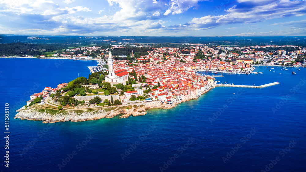 Rovinj, Croatia - Aerial drone view of historical Rovigno in Istria