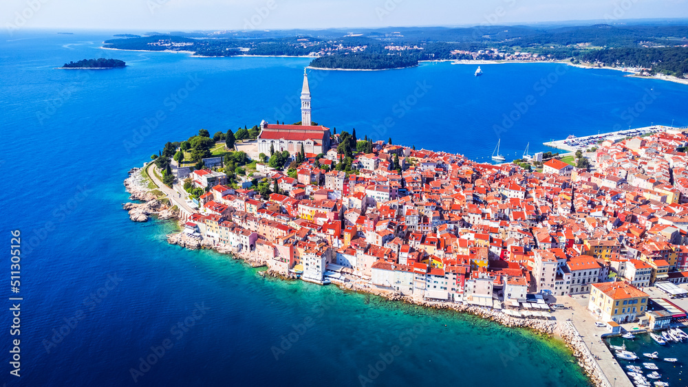 Rovinj, Croatia - Aerial drone view of historical Rovigno in Istria
