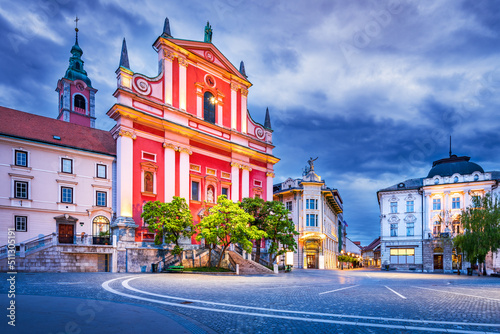 Ljubljana, Slovenia. Cathedral and Preseren Square, twilight blue hour photo