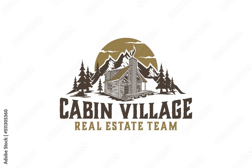 Vintage cabin logo vector lodge house illustration design sunset outdoor roof house residence real estate