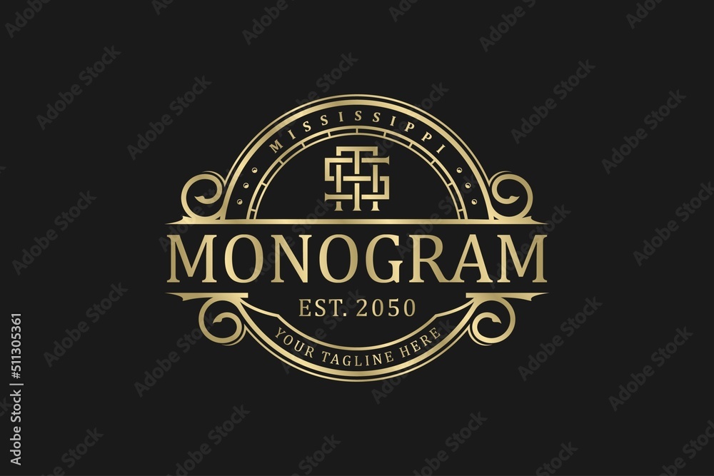 Fototapeta premium Luxury monogram logo vintage badge golden crest style icon symbol emblem