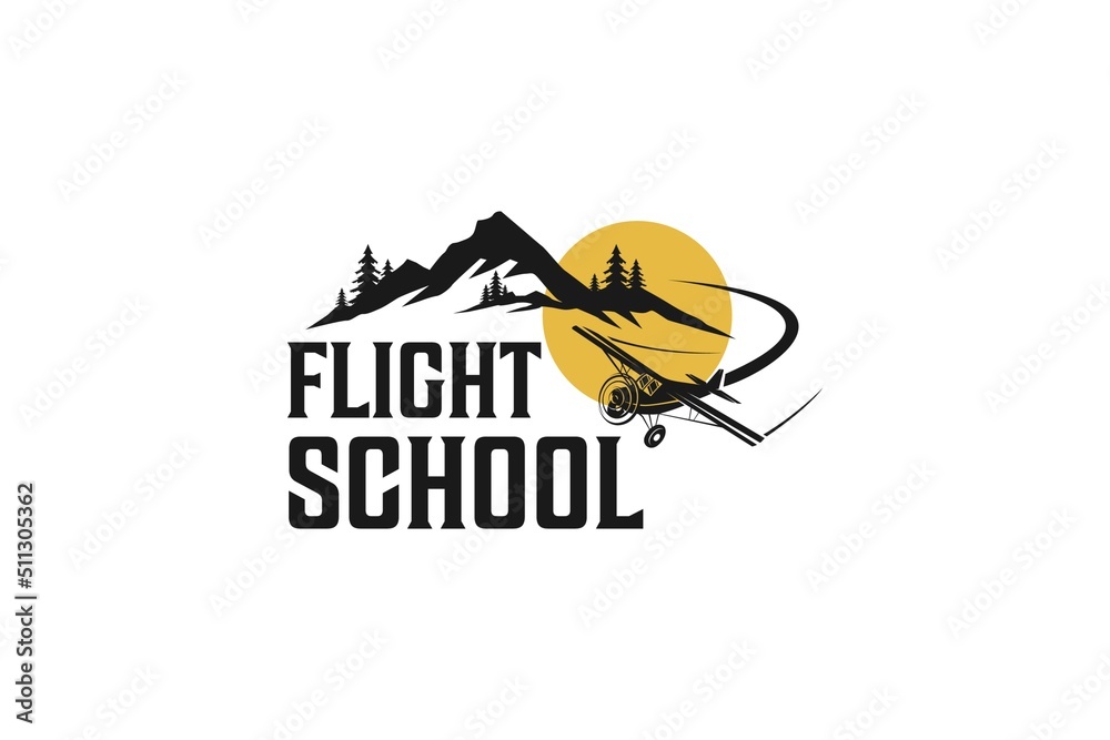 Flight school logo airline plane with mountain sunset icon design modern aviation training