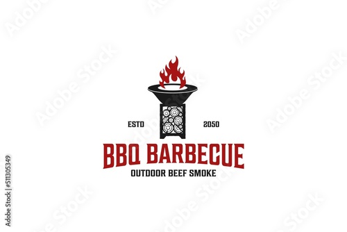 BBQ wood fired stove logo design burning fire wood flame grill silhouette cook