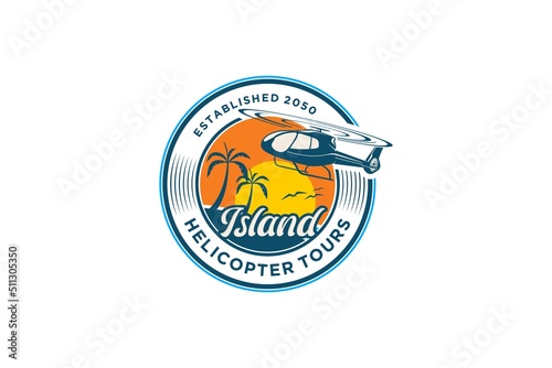 Beach island logo design helicopter travel emblem badge icon palm tree sunset scene