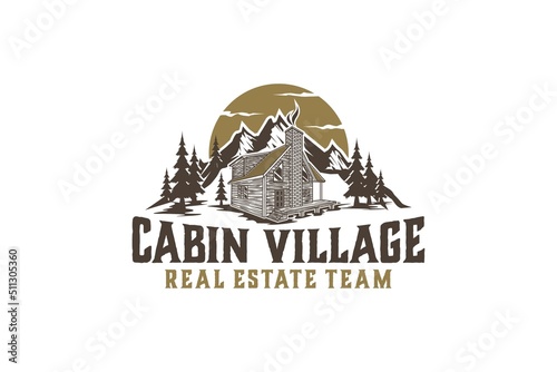 Vintage cabin logo vector lodge house illustration design sunset outdoor roof house residence real estate