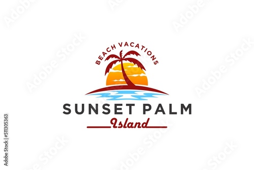 Beach island logo with palm coconut tree and sunset icon design water wave sea