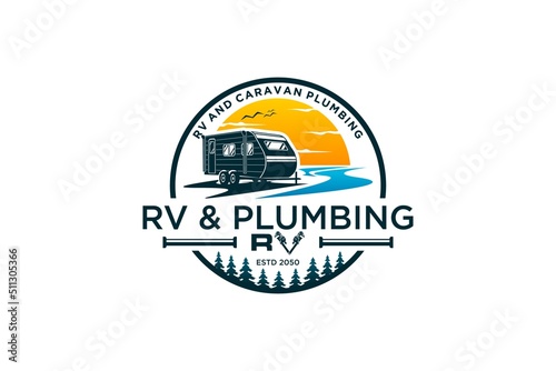 RV and plumbing logo recreational vehicle design river lake sunset emblem badge style holiday vacation