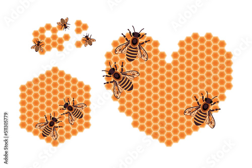Vector set with honeycomb and royal bees. Beekeepeng icon set. Heart shaped honeycomb isolated on white background.