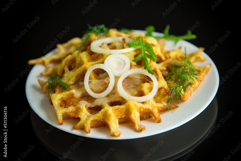 fried potato cheese vegetable waffles with bacon and onions fried potato cheese vegetable waffles with bacon and onions