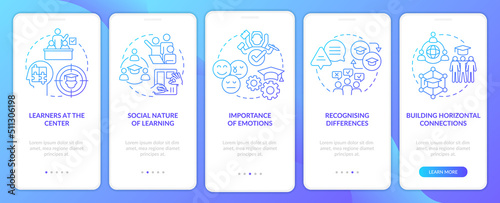 Principles and laws of learning blue gradient onboarding mobile app screen. Walkthrough 5 steps graphic instructions with linear concepts. UI, UX, GUI template. Myriad Pro-Bold, Regular fonts used