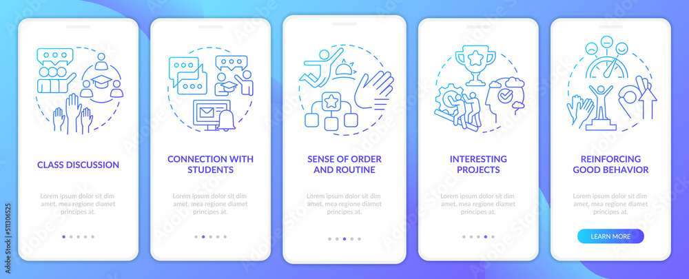 Healthy learning environament blue gradient onboarding mobile app screen. Walkthrough 5 steps graphic instructions with linear concepts. UI, UX, GUI template. Myriad Pro-Bold, Regular fonts used