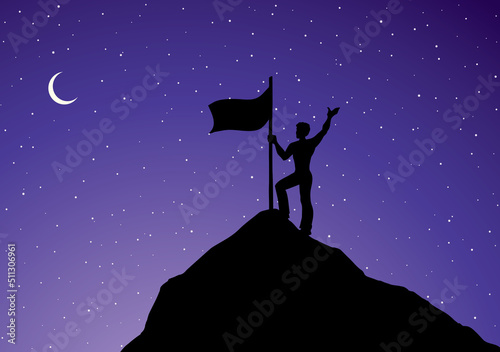 The man put the flag on the top of the mountain. Vector drawing