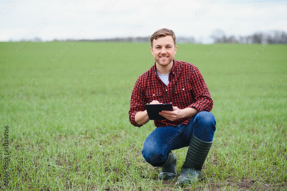 Handsome farmer. Young man walking in green field. Spring agriculture. Handsome farmer. Young man walking in green field. Spring agriculture.