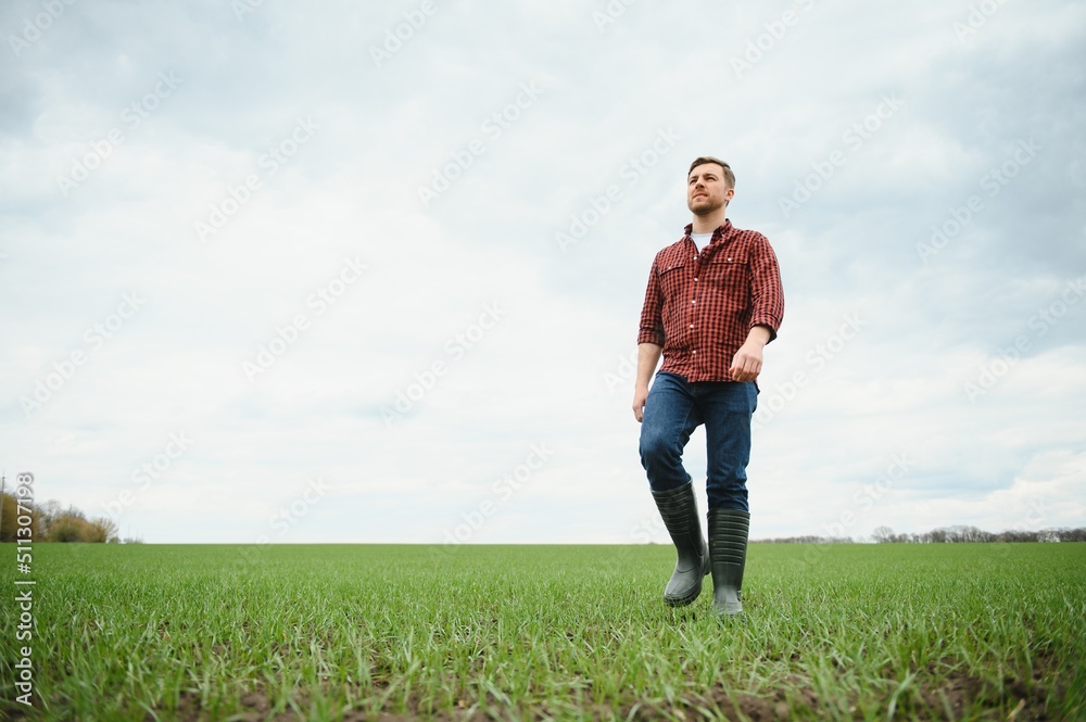 Farmer walking between agricultural fields