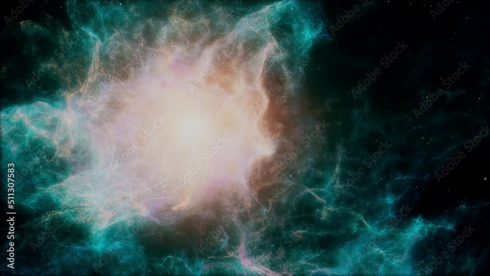 Dark matter Nebula or Galaxy with orange sun center and blue external cosmic dust heaps floating in outer deep interstellar Space Universe with Star field in background Dark matter Nebula or Galaxy with orange sun center and blue external cosmic dust heaps floating in outer deep interstellar Space Universe with Star field in background