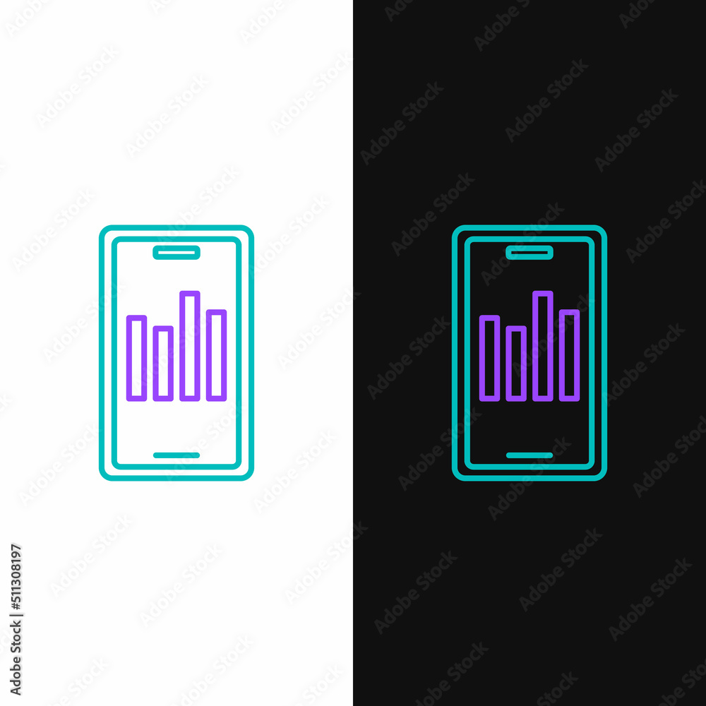 Line Mobile phone with graph chart icon isolated on white and black background. Report text file. Accounting sign. Audit, analysis, planning. Colorful outline concept. Vector Line Mobile phone with graph chart icon isolated on white and black background. Report text file. Accounting sign. Audit, analysis, planning. Colorful outline concept. Vector