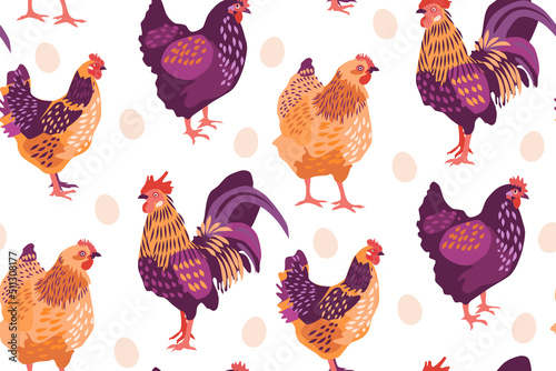 Seamless pattern with chickens, rooster and eggs. Can be used for graphic design, branding, textile design, packaging, wrapping paper. Vector illustration.