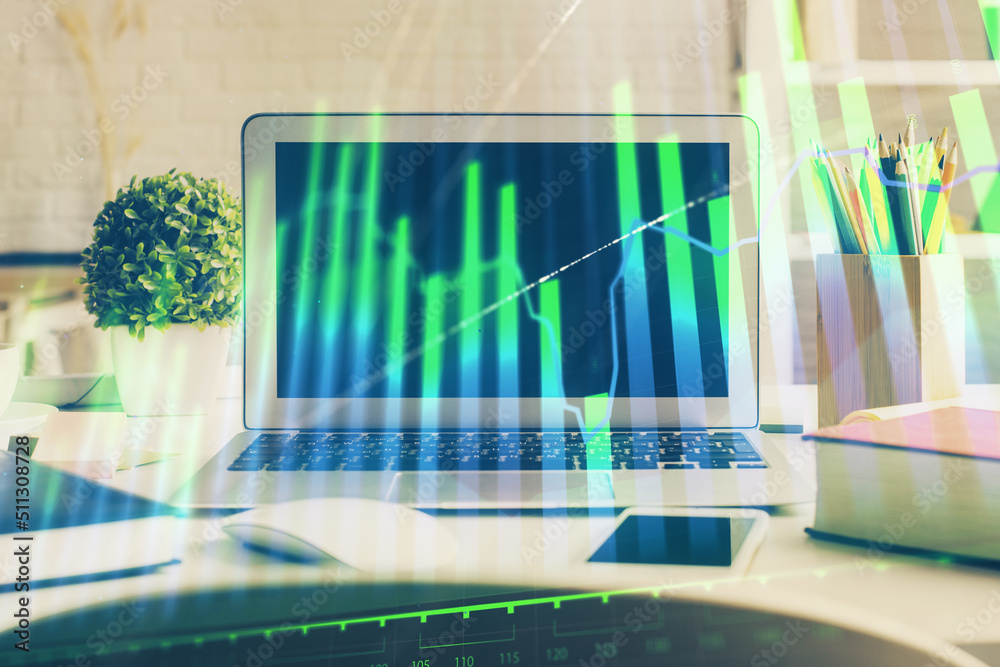 Stock market graph and table with computer background. Multi exposure. Concept of financial analysis. Stock market graph and table with computer background. Multi exposure. Concept of financial analysis.