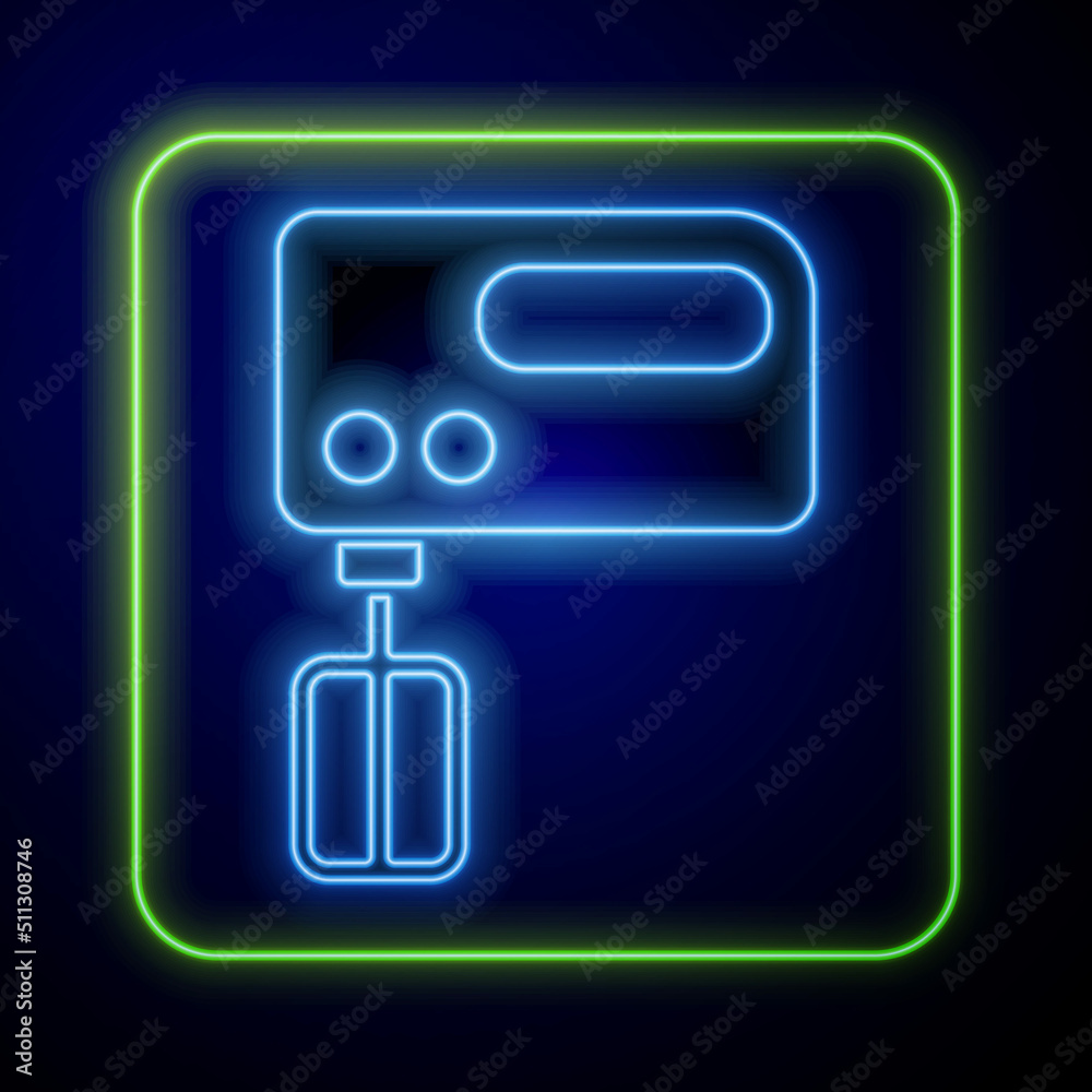 Glowing neon Electric mixer icon isolated on blue background. Kitchen blender. Vector Glowing neon Electric mixer icon isolated on blue background. Kitchen blender. Vector