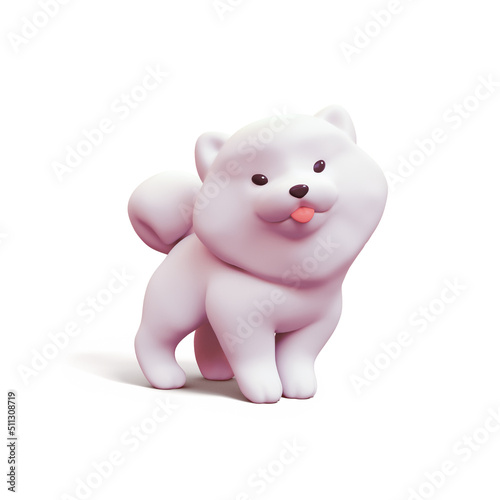 Cute fluffy white kawaii puppy with red tongue sticking out of his mouth  big smile on his face  dot eyes stands playfully isolated on white backdrop. Funny cartoon dog in minimal art style. 3d render