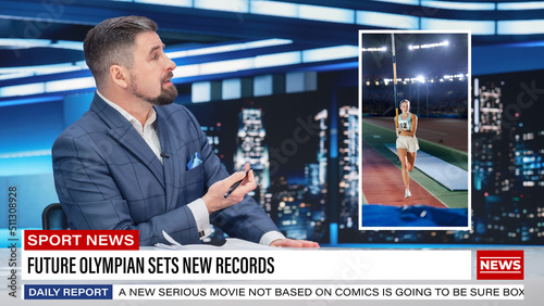 Split Screen TV News Live Report: Anchor Talks. Reportage Montage: Young Beautiful Sports Women Sets New Record, Gets Highest Score In Tournament. Television Program On Cable Channel Concept.