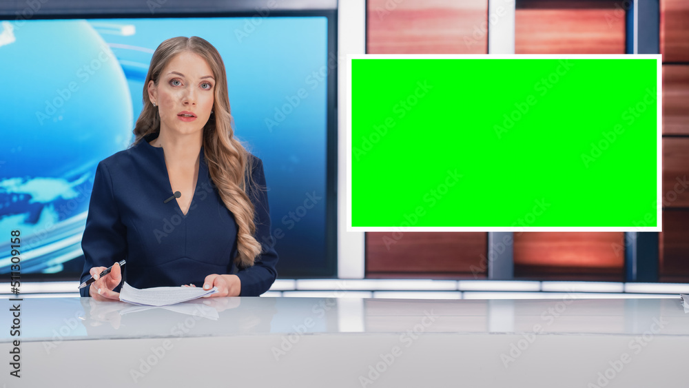 Newsroom TV Studio Live News Program: Caucasian Female Presenter Reporting, Green Screen Chroma Key Screen Picture. Television Cable Channel Anchor Woman Talks. Network Broadcast Mock-up Newsroom TV Studio Live News Program: Caucasian Female Presenter Reporting, Green Screen Chroma Key Screen Picture. Television Cable Channel Anchor Woman Talks. Network Broadcast Mock-up