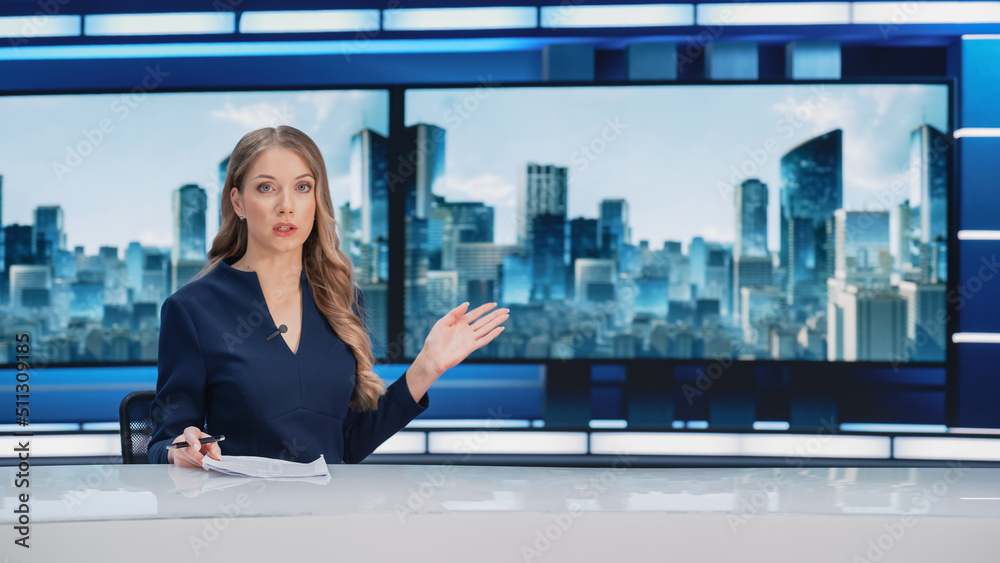 TV Live News Program with Professional Female Presenter Reporting. Television Cable Channel Anchorwoman Talks, Business, Economy, Entertainment. Mockup Network Broadcasting in Newsroom Studio Concept - obrazy, fototapety, plakaty 