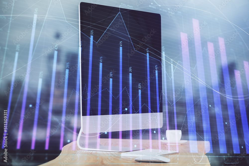 Stock market graph and table with computer background. Multi exposure. Concept of financial analysis. Stock market graph and table with computer background. Multi exposure. Concept of financial analysis.