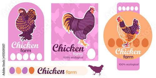 Branding  identity for Chicken product. Different design for label, logo, brand colors. Chicken house Brand hen. Vector graphic design elements. 